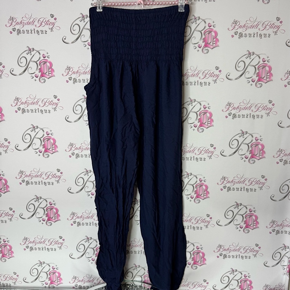 Pants Navy High-Waisted smocked hippie boho stretchy waist comfy Thailand style